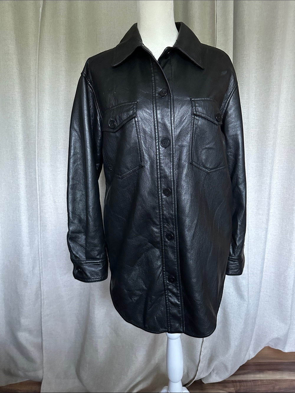 Wilfred Sleek Black Faux Leather Button-Up Shacket